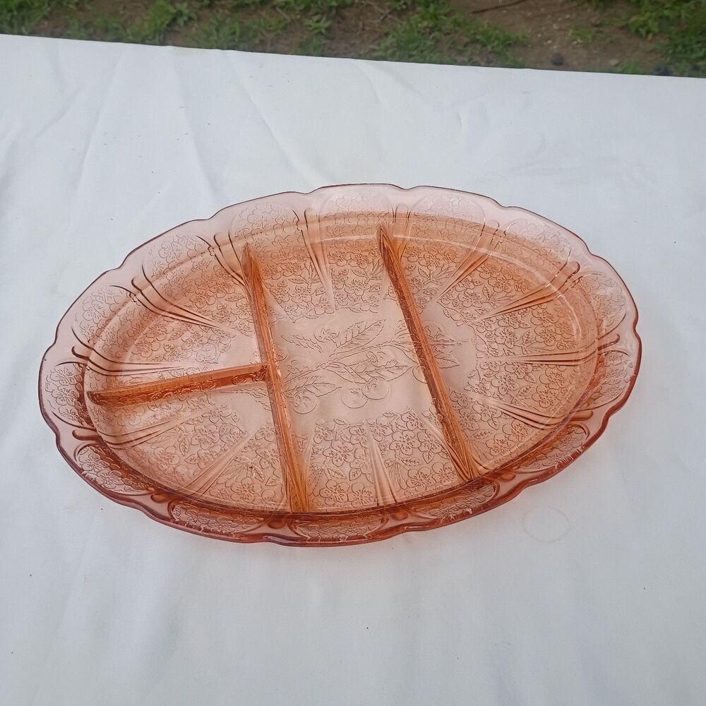 Vintage Pink Jeanette Glass Divided Platter Cherry Blossom Depression Glass 13"